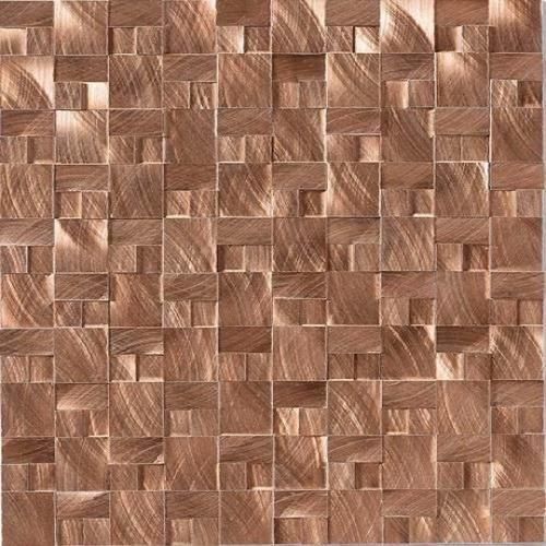 A grid of square tiles featuring a metallic copper finish with a brushed, directional texture and varying depths.