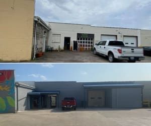 Before and after photos of a warehouse building exterior, showing a renovation from white to blue-grey paint.