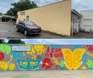 Before and after photos of a plain wall transformed into a vibrant mural with flowers, butterflies, and the text I can & I will.