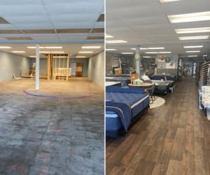 Before and after comparison of a store interior: a raw space with bare flooring transitions into a furnished mattress shop.