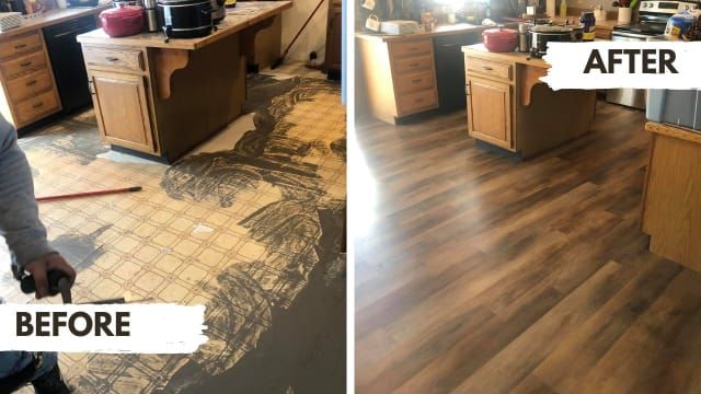 Before and after photos of a kitchen remodel, showing the removal of old flooring and the installation of new wood planks.