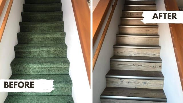 A side-by-side comparison of a staircase showing a green carpeted 