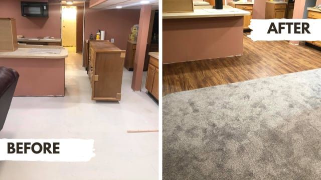 Split-screen view of a basement renovation: before, with light-colored flooring, and after, with wood-look and carpet floors.