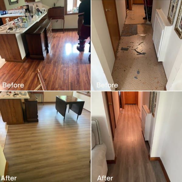 Before and after photos showing a kitchen and hallway floor upgraded from dark wood to light grey wood-look flooring.