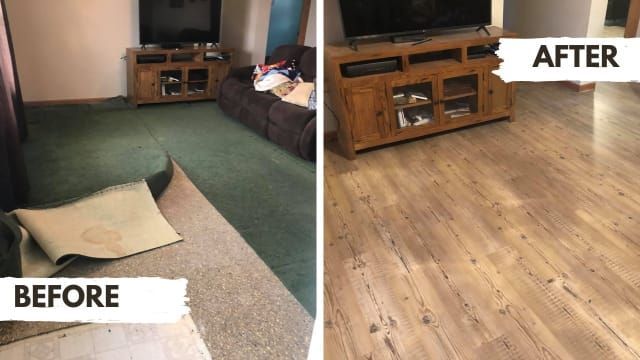 A side-by-side comparison of a living room showing a green carpeted floor before and a new wood-style floor after.