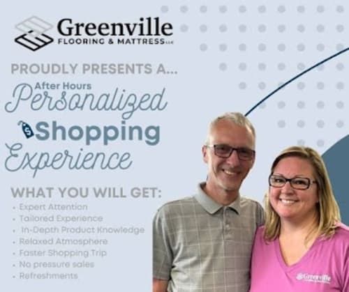 An ad for Greenville Flooring & Mattress offering a personalized, after-hours shopping experience with two smiling people.