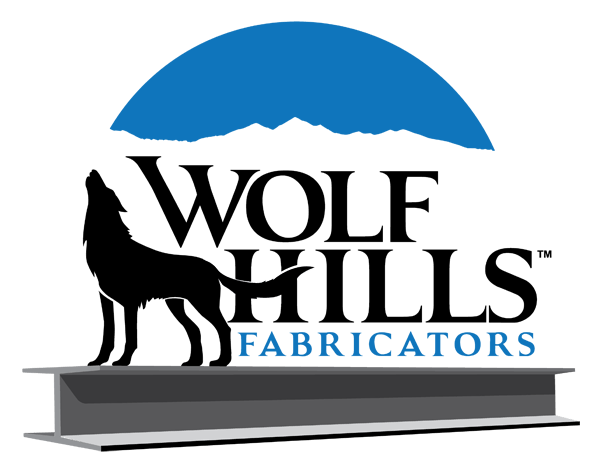 A logo for wolf hills fabricators with a wolf howling