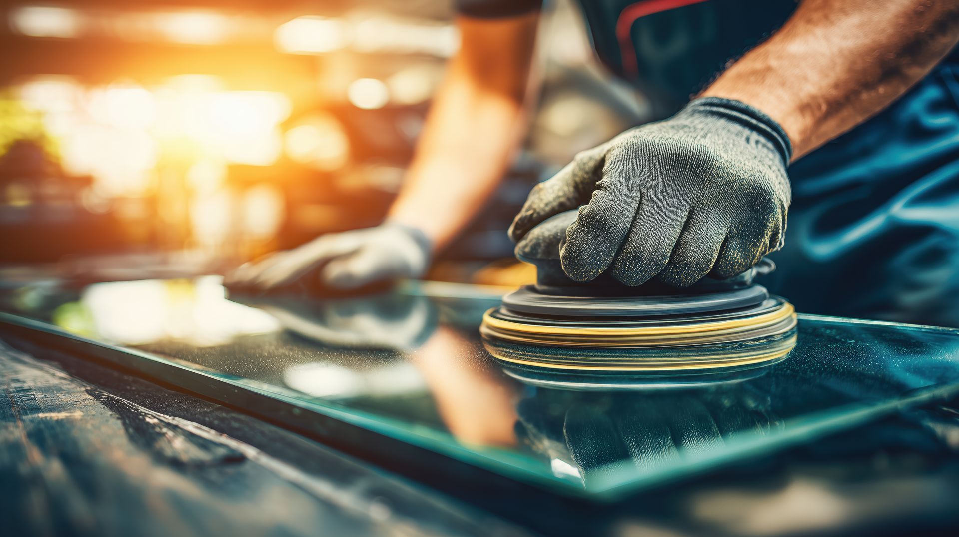 Gloved technician performing windshield repair, pressing a suction tool on glass panel in sunlight.