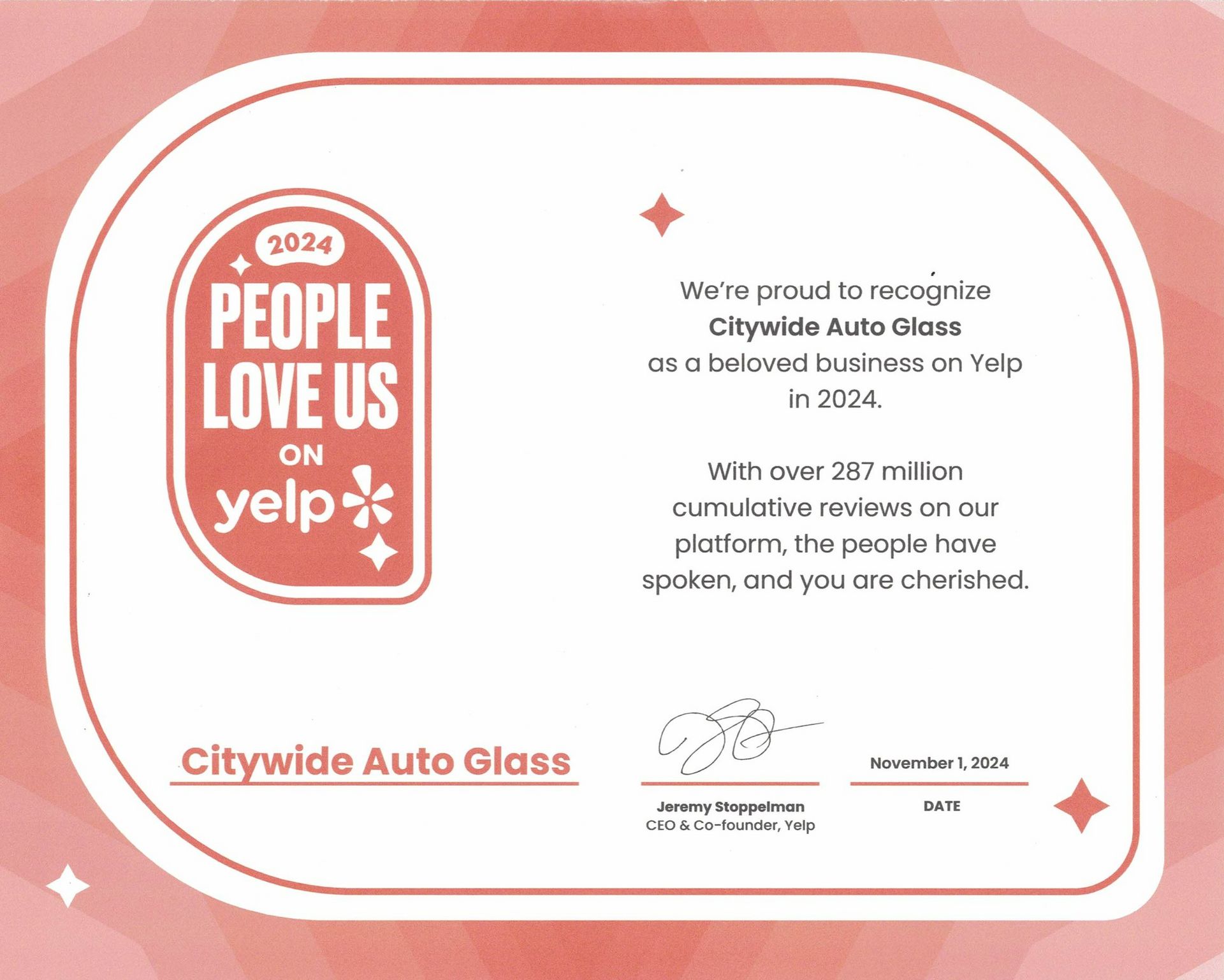 Yelp award for Citywide Auto Glass,
