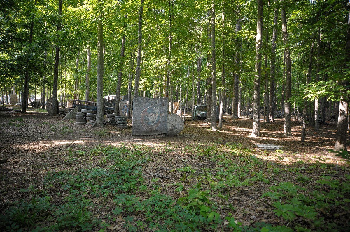 A paintball field in the middle of a forest with lots of trees.
