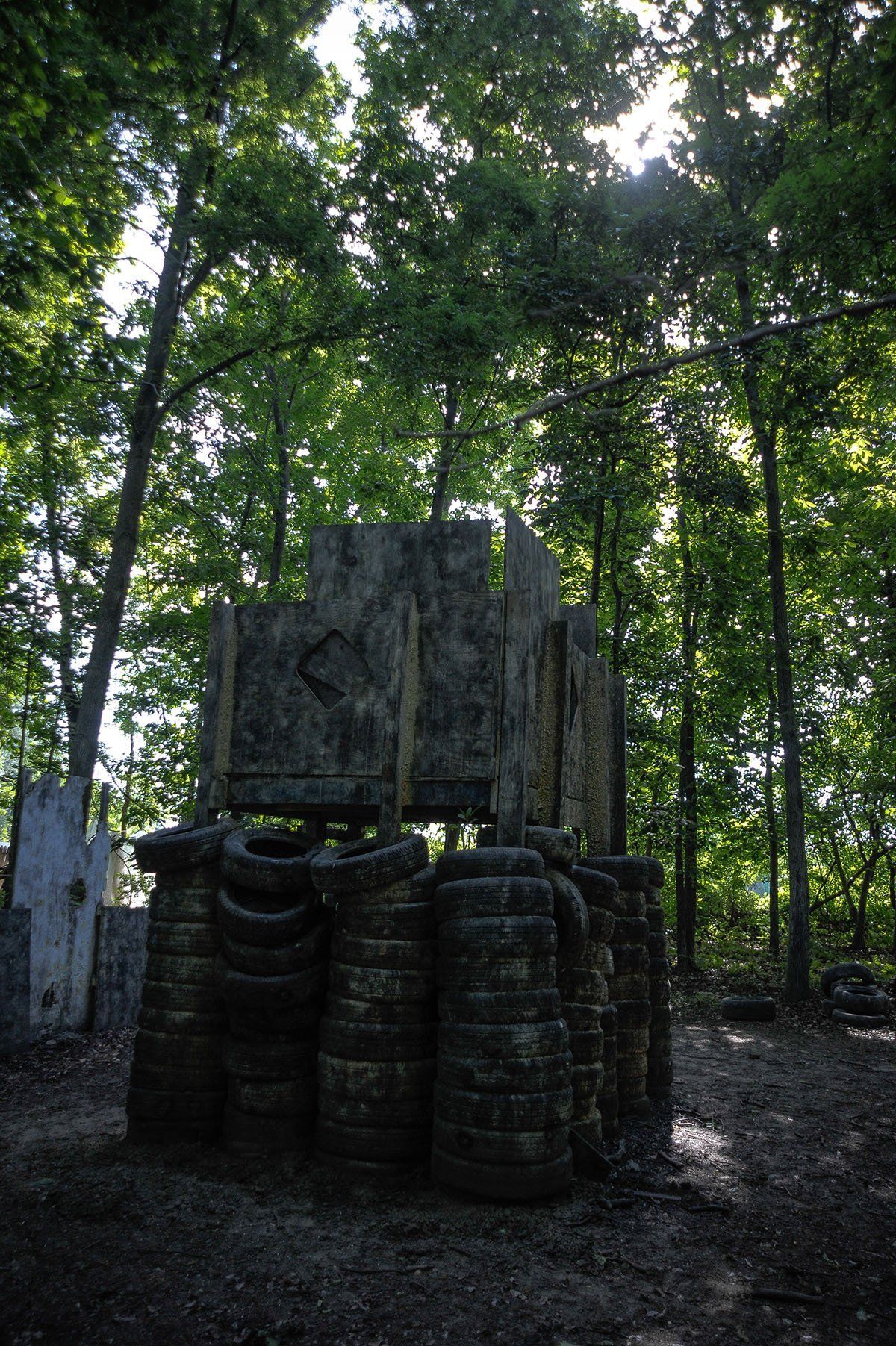 A pile of tires in the middle of a forest