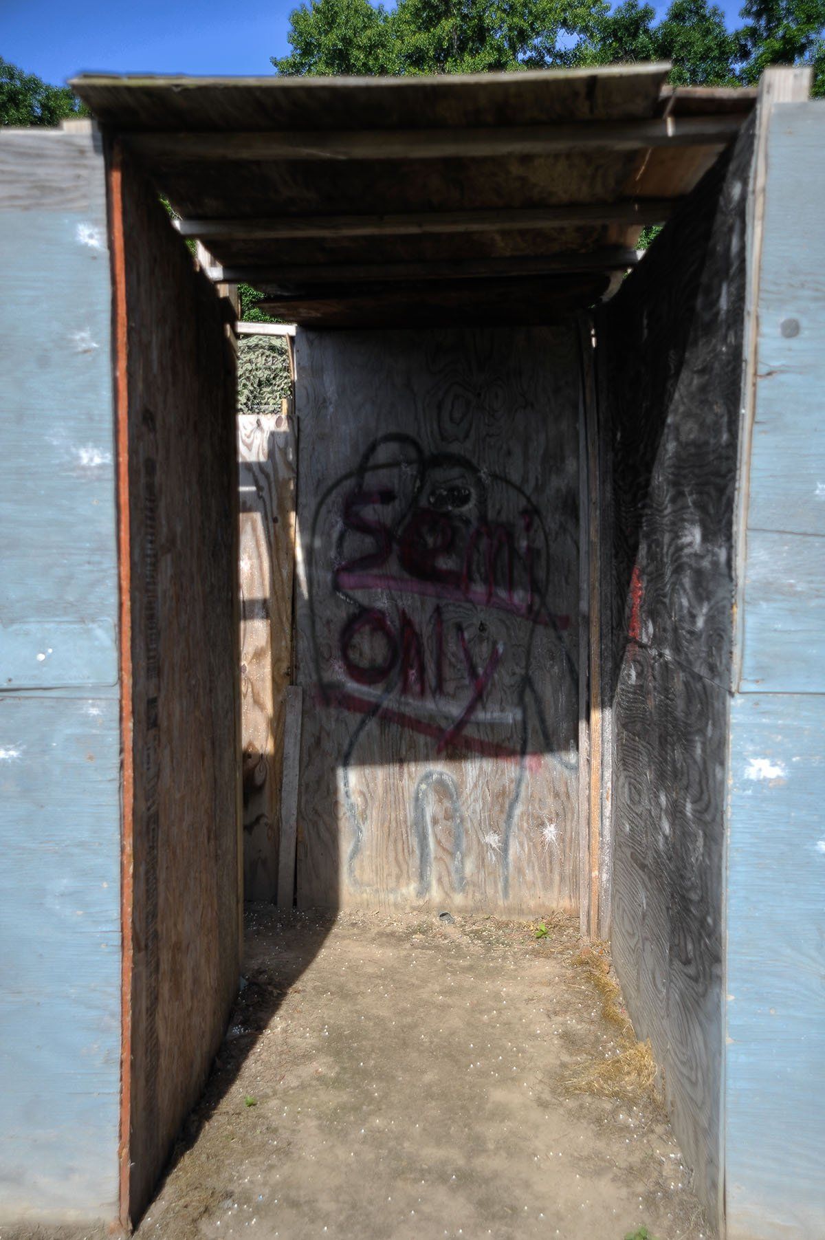 A doorway with graffiti on the wall that says sonic only