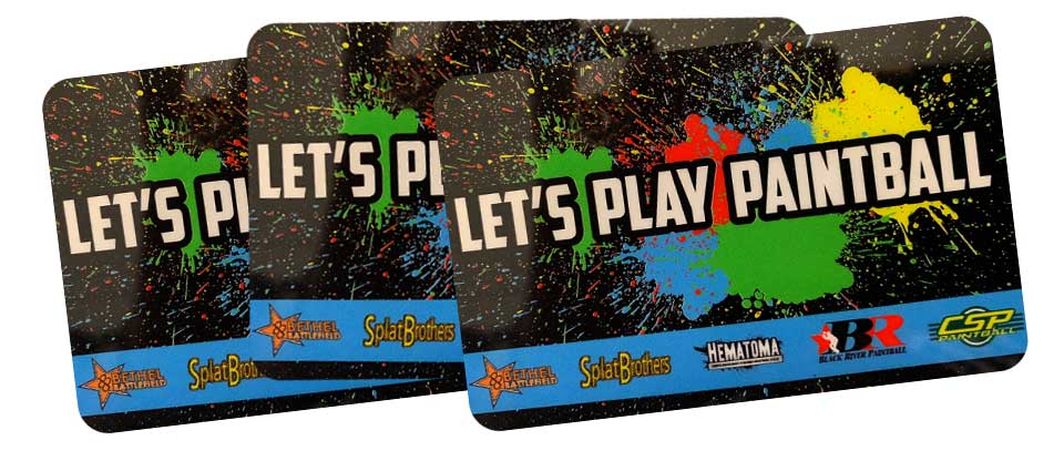 Three cards that say let 's play paintball on them