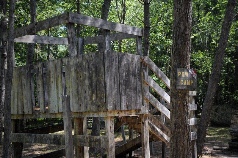 A wooden tree house with stairs and a sign that says pan camp