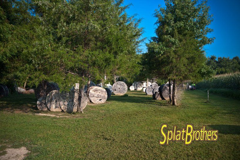 A group of rocks sitting on top of a lush green field surrounded by trees.