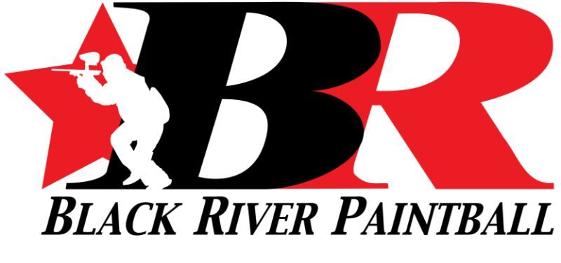 A black river paintball logo with a red star