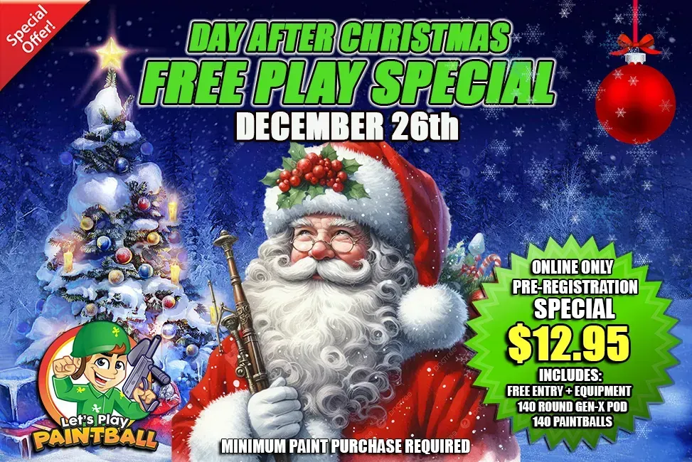 A christmas weekend free paintball play is being offered on december 23rd and 26th.