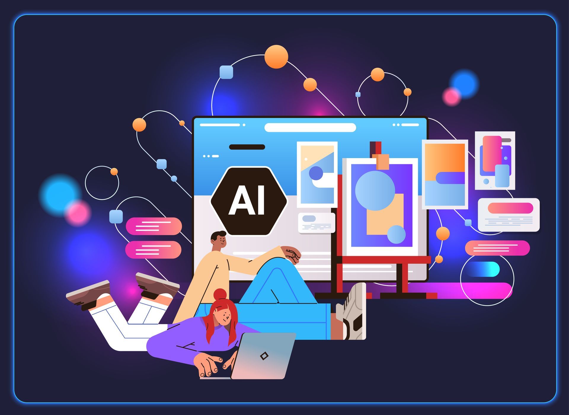 AI education scene with digital interaction, connectivity, and futuristic elements.