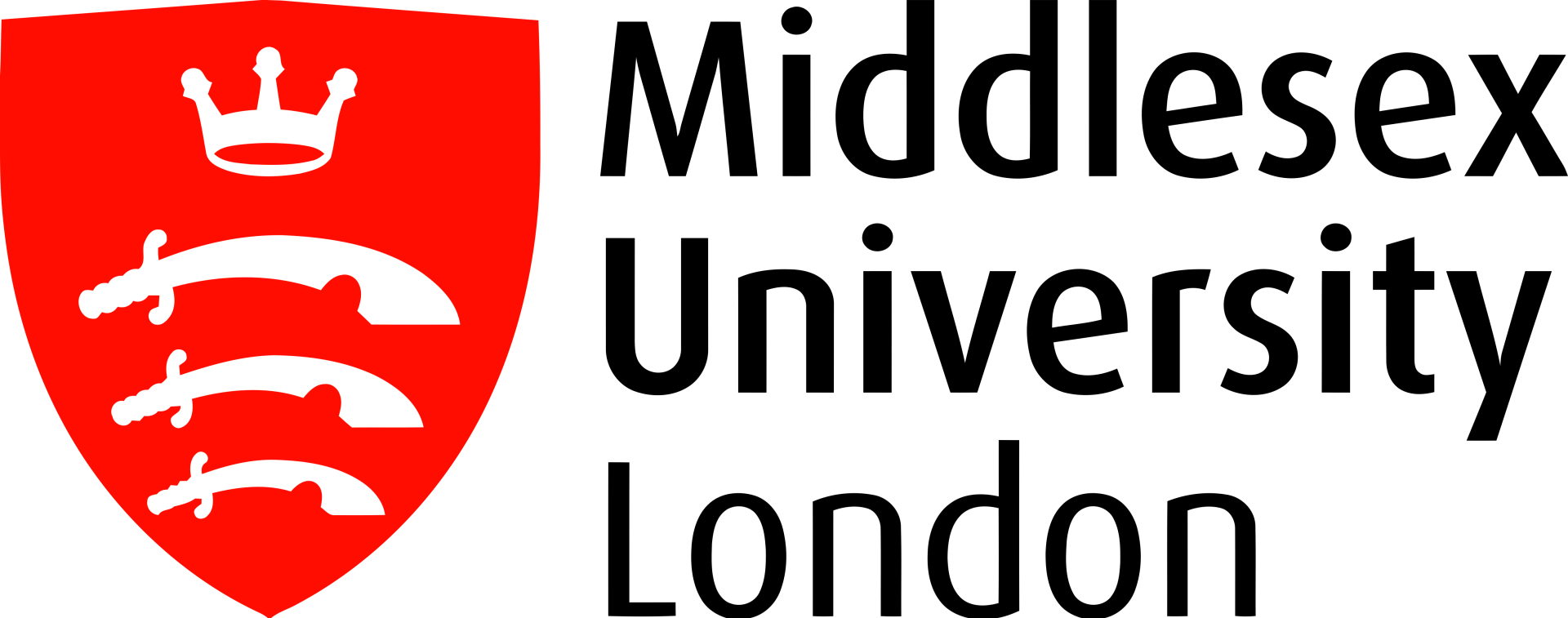 The logo for middlesex university london has a red shield with a crown on it.