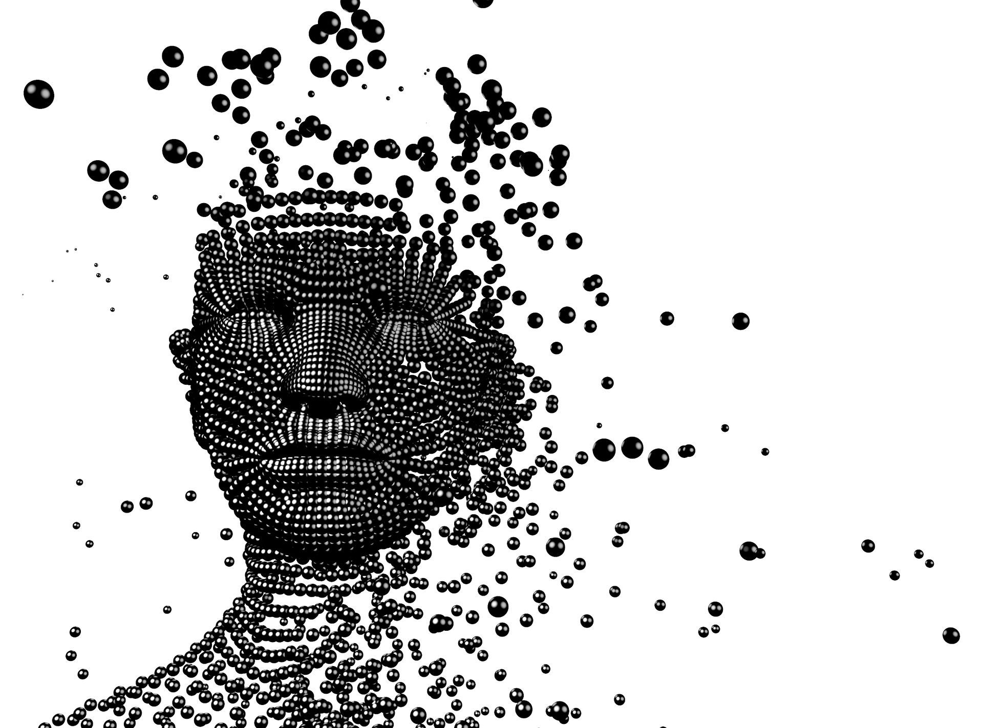 Abstract representation of a human face dissolving into black spheres, symbolizing the fragmentation