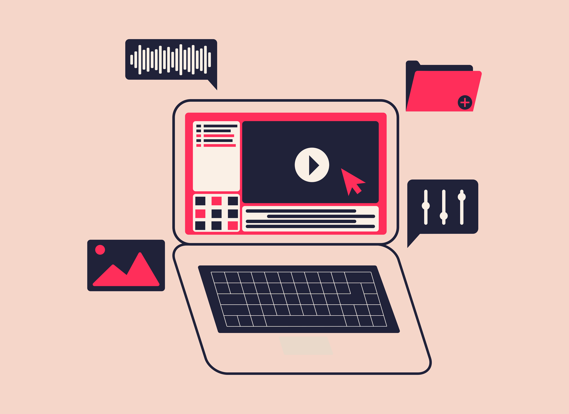 An illustration of a laptop surrounded by icons representing digital tools like cloud folders and media files, symbolizing the use of technology for scholarship management