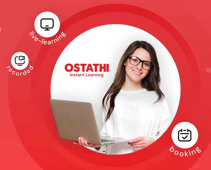 Woman with laptop in front of Ostathi logo — online tutoring and training, backed by Microsoft.