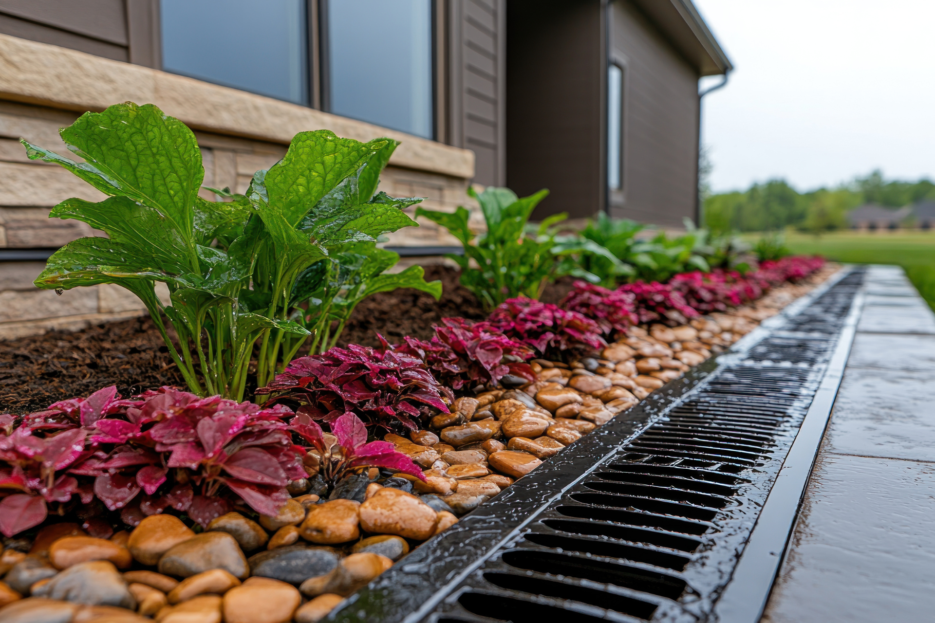 Flower bed with red and green plants, brown rocks, and a drainage channel in front of a house.