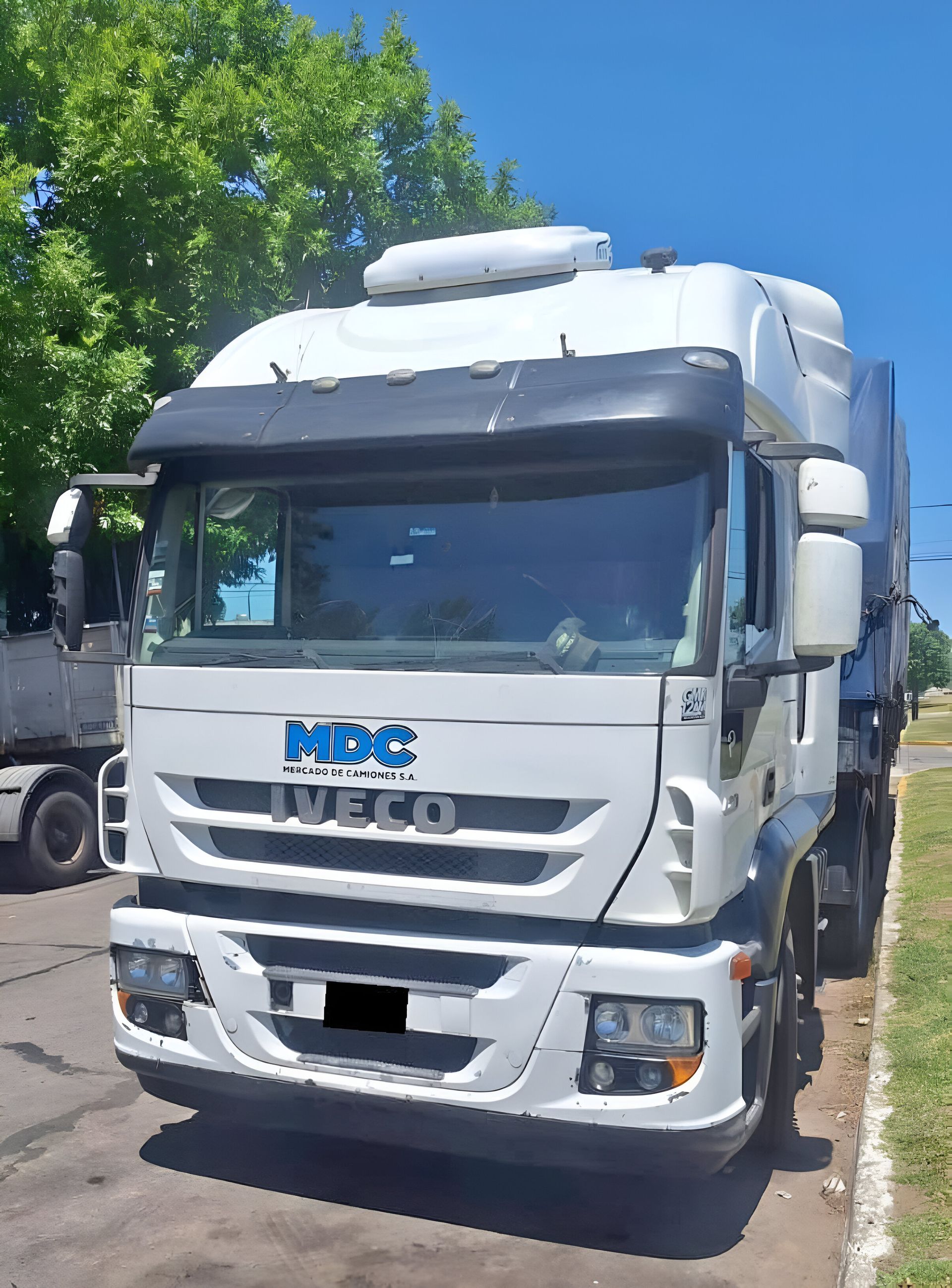 Un camión Iveco blanco está estacionado al costado de la carretera.