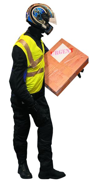 delivery person holding a courier to be delivered