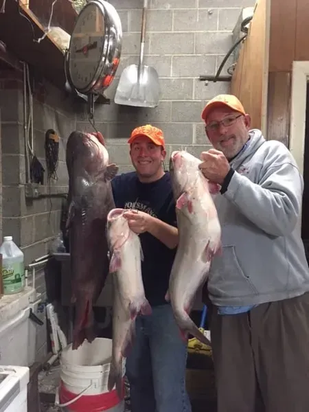Two men holding large catfish, smiling, in a room with tools.