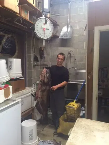 Man holding large fish in a room with a scale, sink, and buckets.