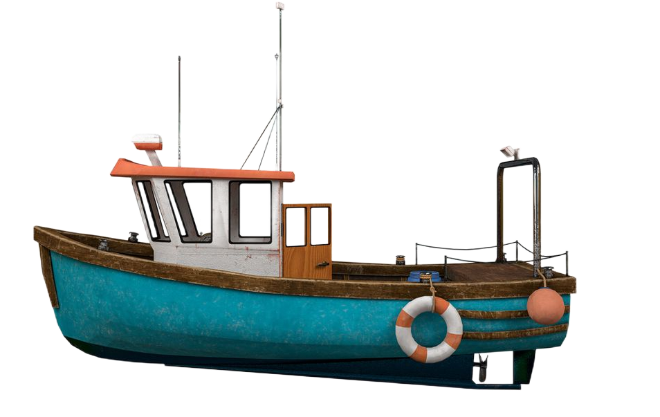 Blue and orange fishing boat on white background.