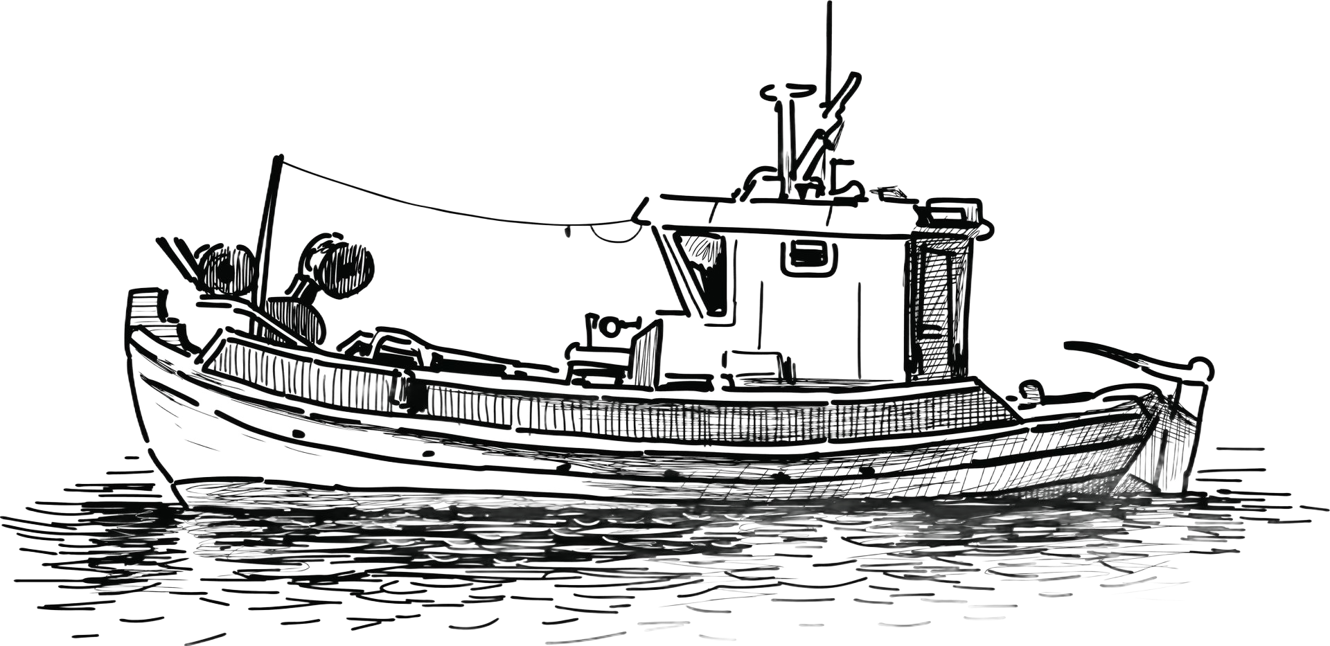 Fishing boat on water, black and white illustration.