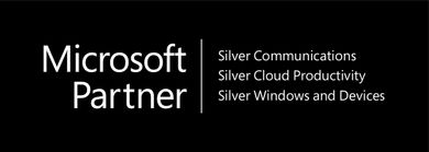 Microsoft Partner logo with silver cloud communications, cloud productivity, and Windows and devices text on black background