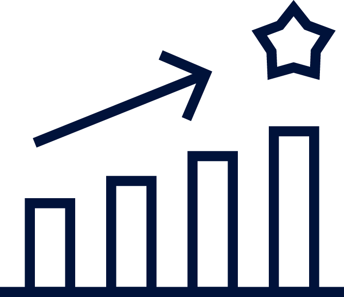Graph with rising bars, upward arrow, and star, representing growth and success.