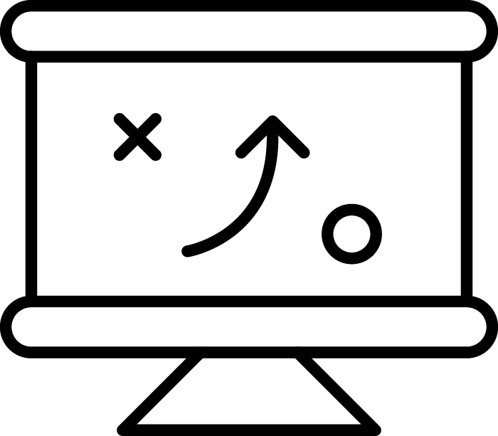 Whiteboard with a strategy diagram showing an 'X', a circle, and an upward curving arrow.