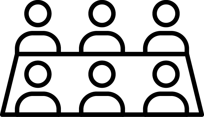 Six people seated around a table, outlined in black, representing a meeting.