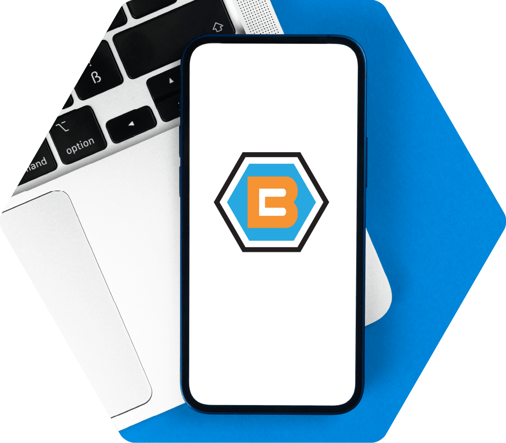 Smartphone screen with a hexagonal logo featuring the letters 