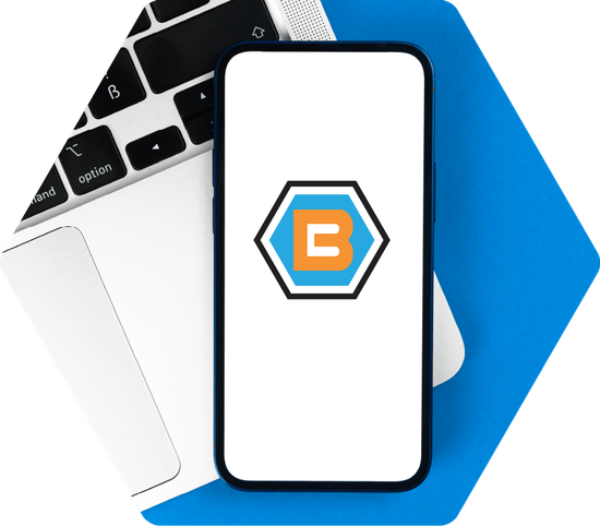 Smartphone screen with a hexagonal logo featuring the letters 