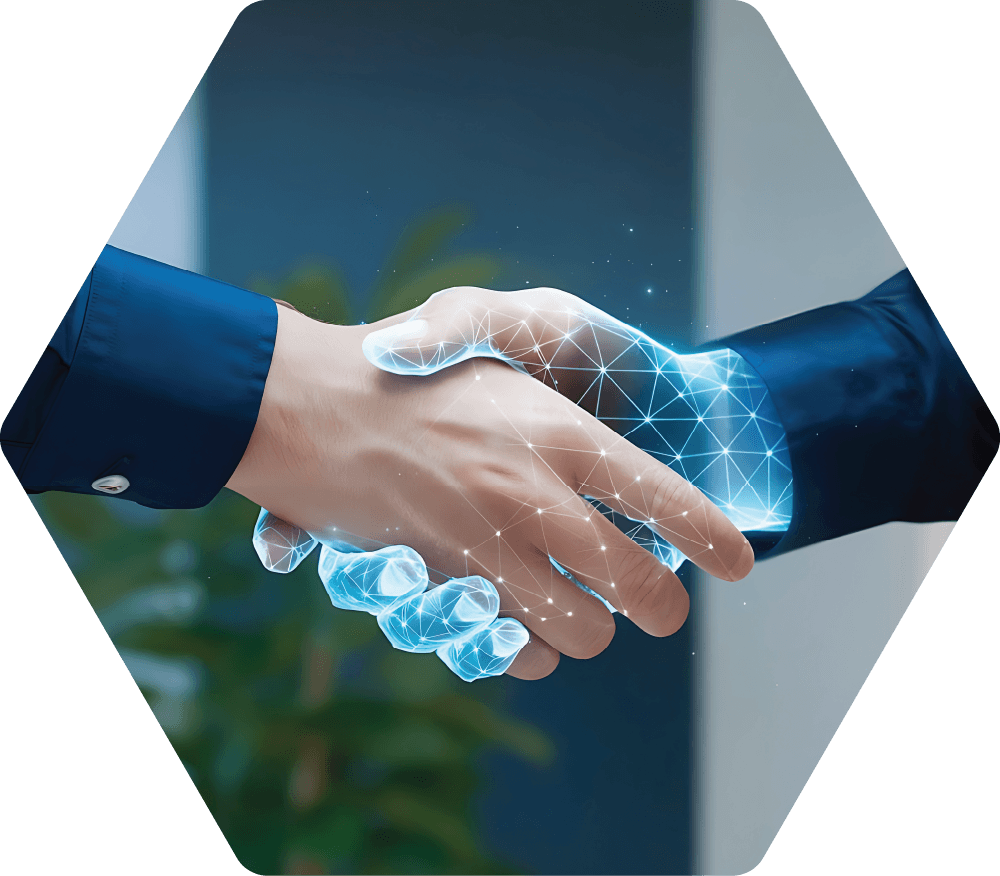Hands shaking, one with glowing digital lines, symbolizing a partnership with Bricomp IT services