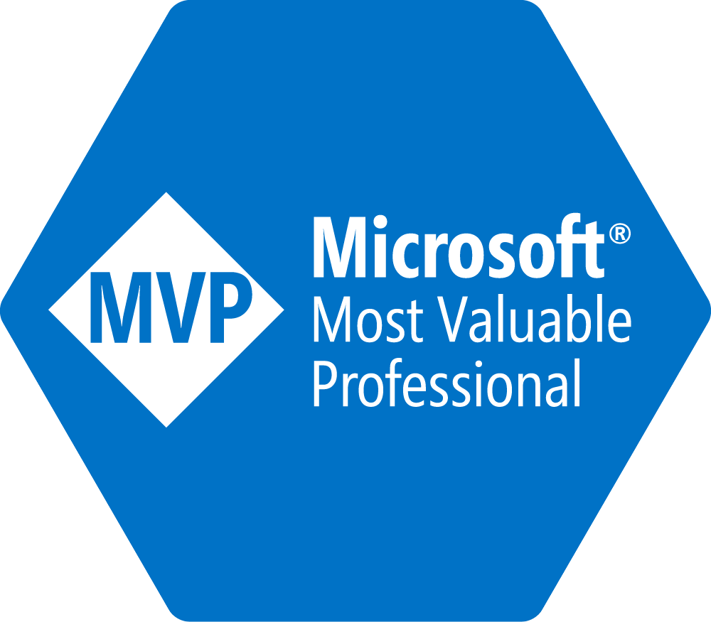 Microsoft MVP badge: Blue hexagon with 