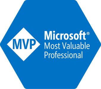 Microsoft MVP badge in a blue hexagon: a white diamond with