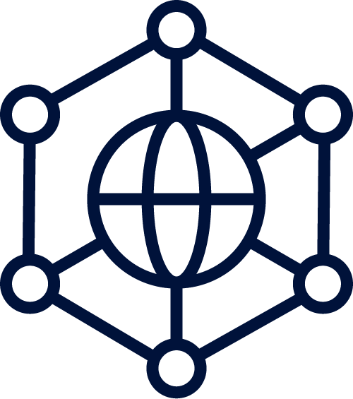 Blue globe encircled by a network of connected nodes within a hexagon.