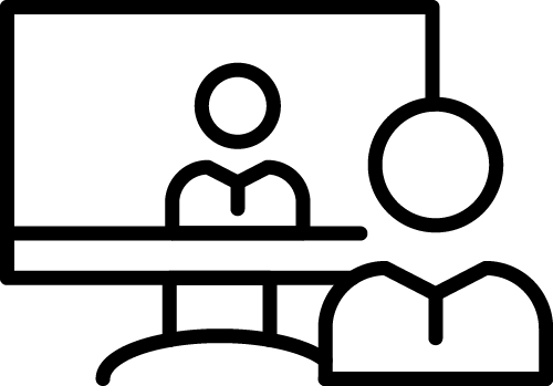 Video call, outline of a person looking at a screen with another person displayed, both with a simplified body.