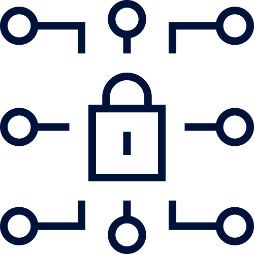 Dark blue padlock with connecting circuits, representing security and network.