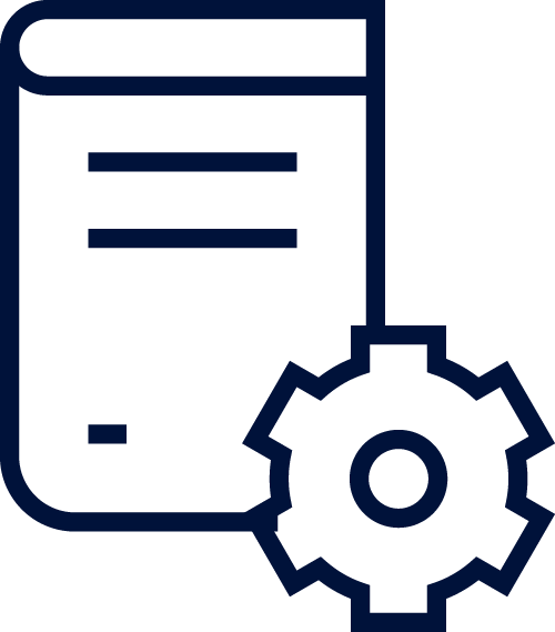 Book with lines of text and gear icon, representing configuration or settings.
