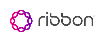 Ribbon logo in gray with a magenta circular icon on a white background