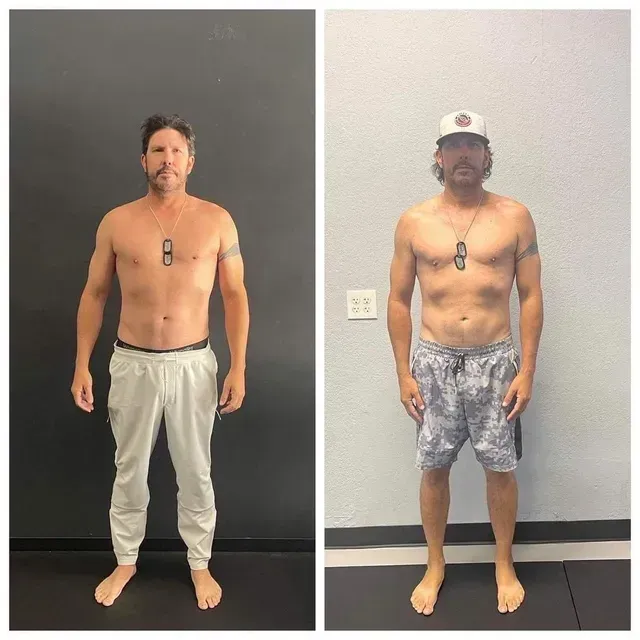 Side-by-side full-body photos of a shirtless man before and after fitness progress against plain walls