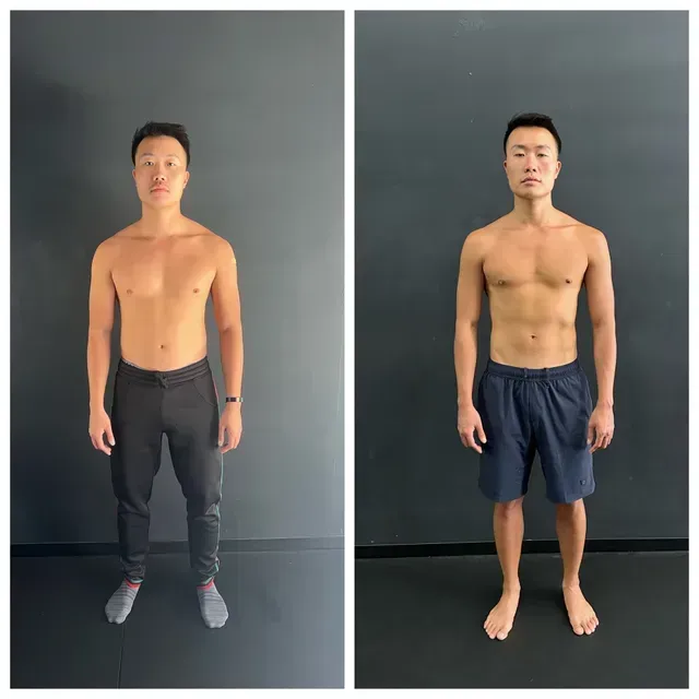 Side-by-side full-body photos of a shirtless man in black and navy workout pants against a gray wall.