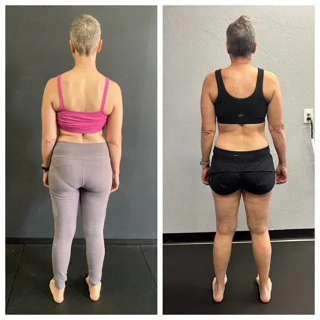Back view comparison of a person in two poses, wearing pink leggings and a black sports outfit against plain walls